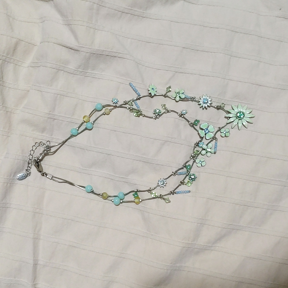 PILGRIM Daisy Double Strand Necklace Oxidised Silver Plate & Pastel Green